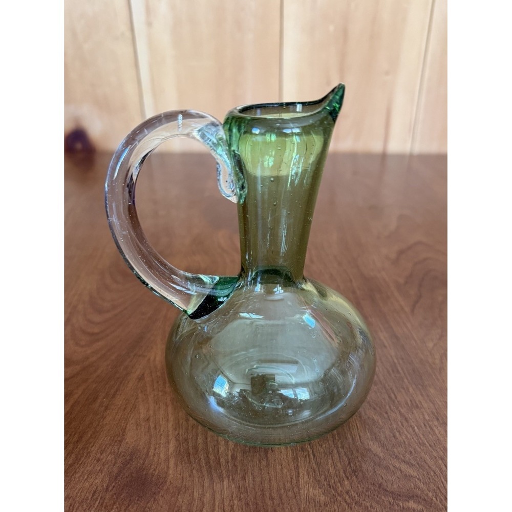 Hand Blown Vtg Lt Green Glass Applied Clear Handle‎ Cruet With Pontil 5" Bubbles - Picture 2 of 8